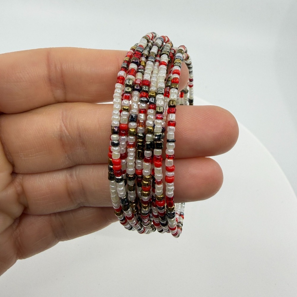 Boho Multi-Strand Red White Metallic Bead Wrap Bracelet - Festival Style